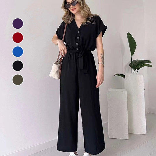 (48% OFF🔥Buy 2 Free Shipping) 💖Women's V-Neck Short-Sleeve Casual Jumpsuit